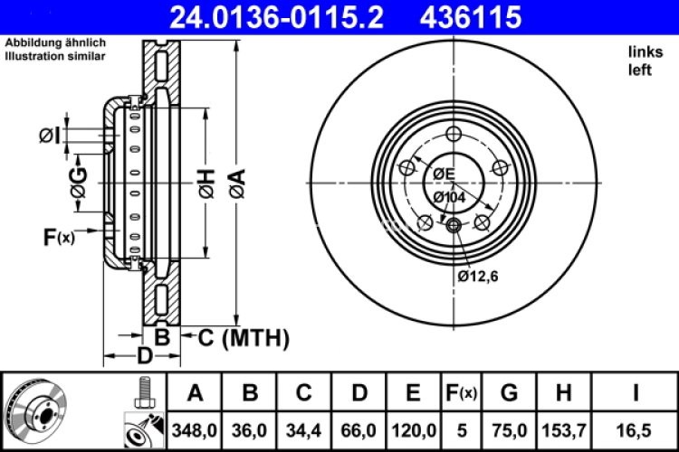Disc frână ATE, față, stânga pentru: BMW 5 (F10), 5 (F11), 5 GRAN TURISMO (F07), 6 (F12), 6 (F13), 6 GRAN COUPE (F06), 7 (F01, F02, F03, F04) 2.0-4.4 02.08-10.18