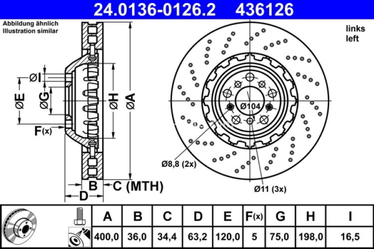 Disc frână ATE, față, stânga se potrivește: BMW 5 (F10), 6 (F12), 6 (F13), 6 GRAN COUPE (F06) 4.4 09.11-10.18