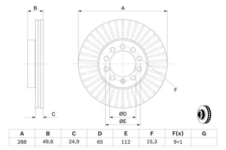 Disc frână BOSCH, față, pentru: AUDI A3, Q2; SEAT ALTEA, ALTEA XL, ATECA, LEON, LEON SC, LEON ST, LEON ST/KOMBI, TOLEDO III; SKODA OCTAVIA II, OCTAVIA III 1.0-Electric 10.81-