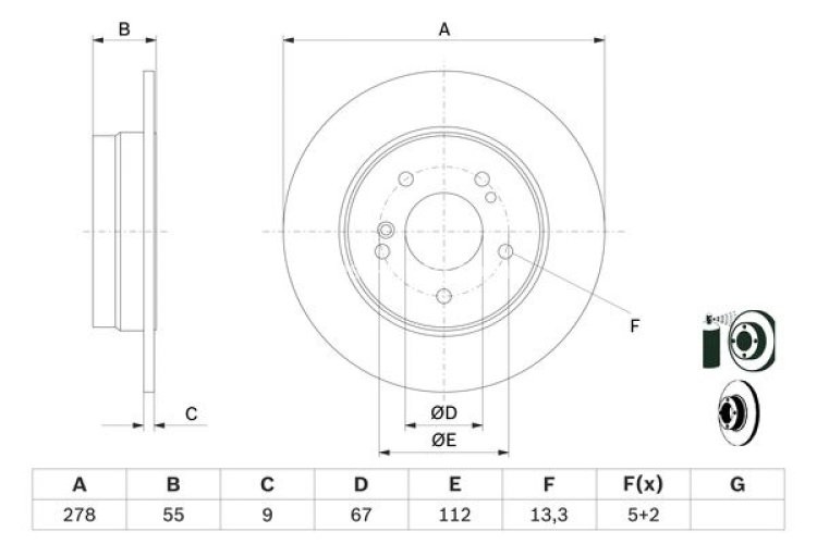 Disc frână BOSCH, spate, pentru: MERCEDES 124 (A124), 124 (C124), 124 T-MODEL (S124), 124 (W124), C (CL203), C T-MODEL (S202), C (W202), C (W203), C (W204) 1.8-3.6 09.85-01.14