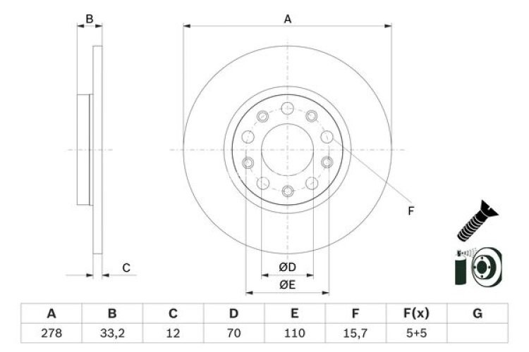 Disc frână BOSCH, spate, pentru: CHRYSLER 200; JEEP CHEROKEE 2.0-3.2 11.13-