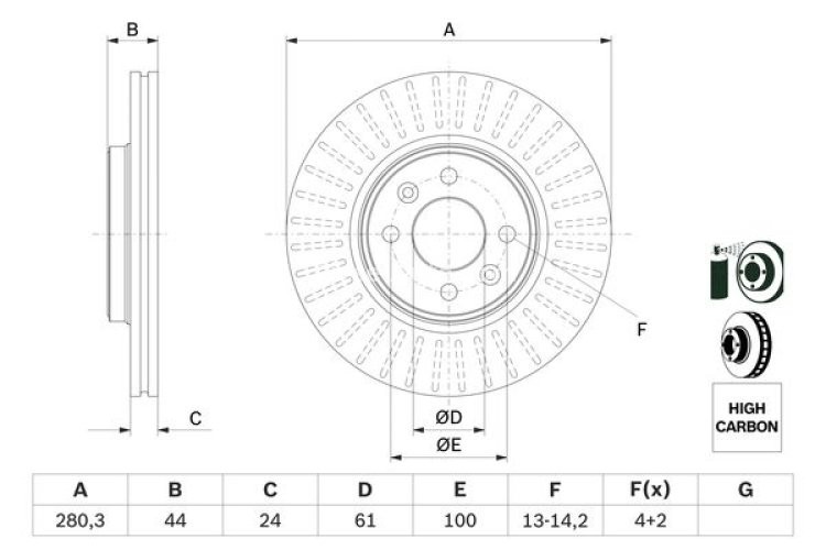 Disc frână BOSCH, față, pentru: DACIA DOKKER, DOKKER EXPRESS/MINIVAN, LODGY; RENAULT CAPTUR I, CLIO II, CLIO III, CLIO V, GRAND SCENIC II, KANGOO, KANGOO EXPRESS 1.0-3.0 11.93-