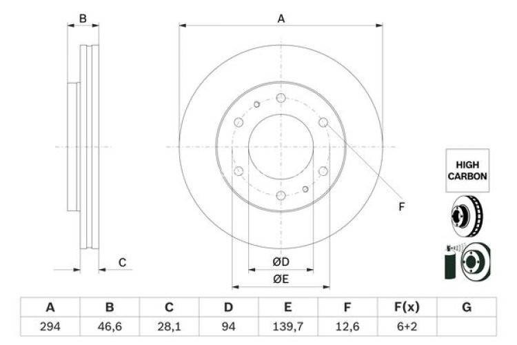 Disc frână BOSCH, față, pentru: FIAT FULLBACK 2.4D 04.16-