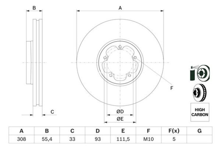 Disc frână BOSCH, față, pentru: FORD TOURNEO CUSTOM V362, TRANSIT CUSTOM V362, TRANSIT V363 2.0D/2.2D 04.12-