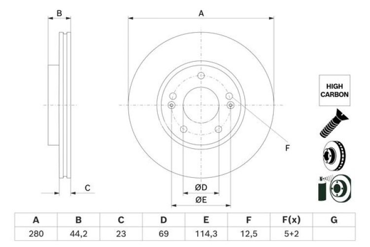 Disc frână BOSCH, față, pentru: HYUNDAI CRETA, ELANTRA V, ELANTRA VI, I30, KONA, KONA/SUV, VELOSTER; KIA CEE'D, CEED, PRO CEE'D 1.0-Electric 09.10-