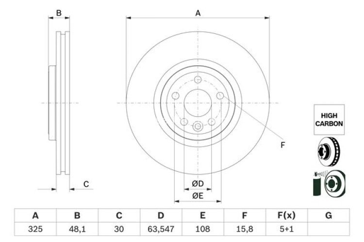 Disc frână BOSCH, față, pentru: JAGUAR F-PACE, XE, XF II; LAND ROVER RANGE ROVER VELAR 2.0-3.0H 03.15-