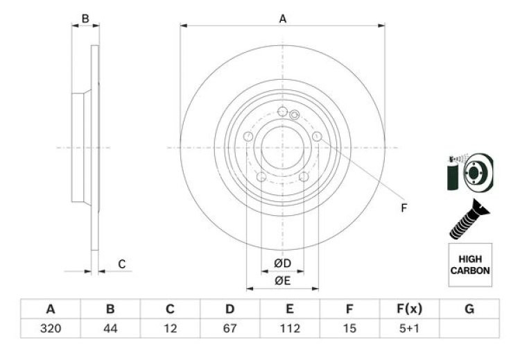 Disc frână BOSCH, spate, pentru: MERCEDES A (V177), A (W177), B SPORTS TOURER (W247), CLA (C118), CLA SHOOTING BRAKE (X118), EQA (H243), EQB (X243), GLA (H247), GLB (X247) 1.3-Electric 03.18-