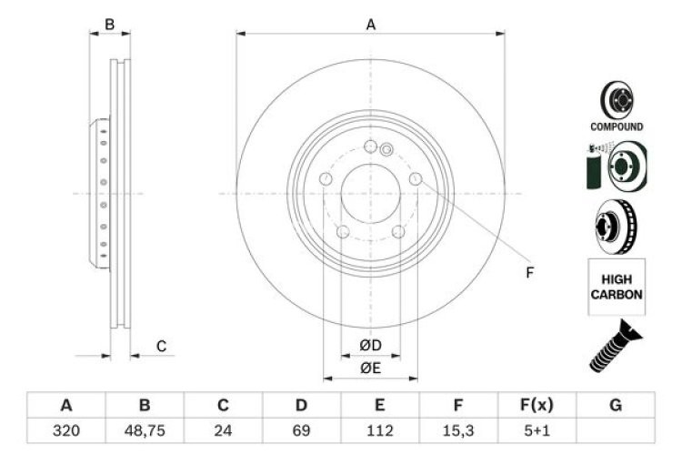 Disc frână BOSCH, din doua piese, spate, pentru: MERCEDES C (A205), C (C205), C T-MODEL (S205), C (W205), CLS (C257), E (A238), E ALL-TERRAIN (S213), E (C238) 2.0-Electric 04.15-