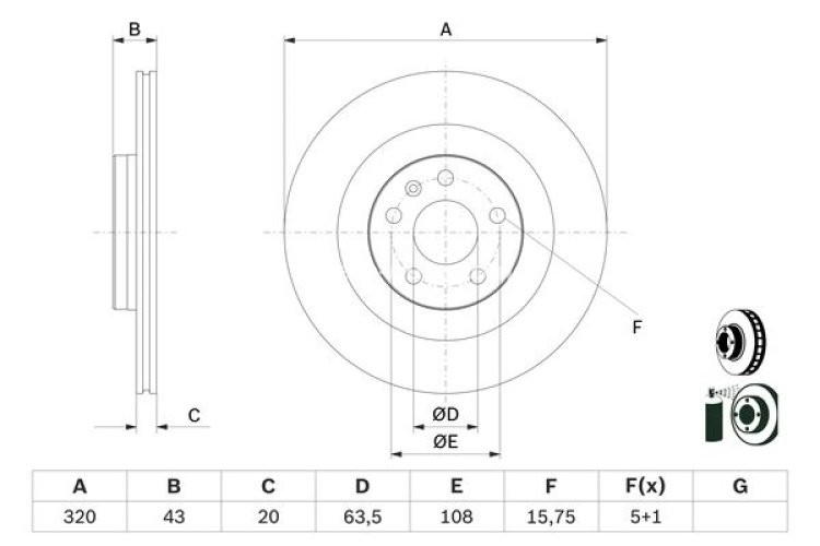 Disc frână BOSCH, spate, pentru: VOLVO S60 III, S90 II, V60 II, V90 II, XC60 II, XC90 II 2.0-2.0H 09.14-