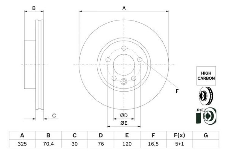 Disc frână BOSCH, față, pentru: VW CRAFTER, GRAND CALIFORNIA CAMPER 2.0D 09.16-