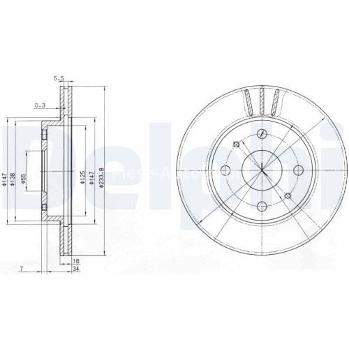 Set discuri frână DELPHI (2 buc.) ,față,  pentru: DAIHATSU CUORE VII, MOVE, SIRION, TREVIS, YRV; TOYOTA DUET 1.0/1.3 04.98-