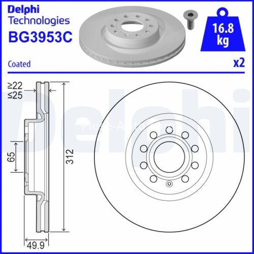 Set discuri frână DELPHI (2 buc.) ,față,  pentru: AUDI A1, A3, A3 ALLSTREET, Q2, Q3, TT; CUPRA FORMENTOR, LEON, LEON SPORTSTOURER; SEAT ALHAMBRA, ALTEA 1.0-Electric 03.99-