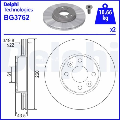 Set discuri frână DELPHI (2 buc.) ,față,  pentru: DACIA LOGAN, LOGAN EXPRESS, LOGAN MCV; NISSAN MICRA C+C III, MICRA III, MICRA V, NOTE, TIIDA; RENAULT CLIO II 0.9-2.0 11.02-
