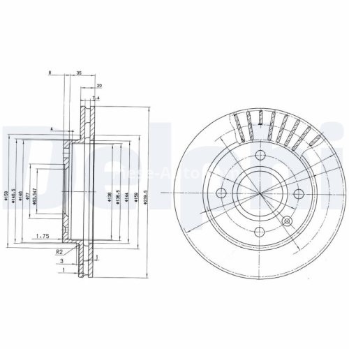 Set discuri frână DELPHI (2 buc.) ,față,  pentru: FORD COURIER, ESCORT CLASSIC, ESCORT V, ESCORT V EXPRESS, ESCORT VI, ESCORT VI/KOMBI, FIESTA III, FIESTA IV 1.0-2.0 08.83-11.08