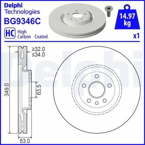 Disc frână DELPHI, față, pentru: JAGUAR E-PACE; LAND ROVER DISCOVERY SPORT, RANGE ROVER EVOQUE 2.0-2.2D 06.11-