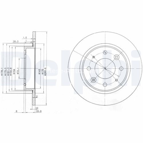 Set discuri frână DELPHI (2 buc.) spate, pentru: KIA CARENS I, CARENS II, CLARUS, SEPHIA II 1.5-2.0D 07.96-