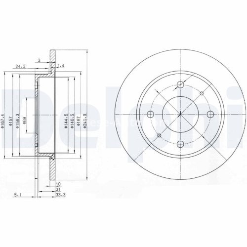 Set discuri frână DELPHI (2 buc.) ,față,  pentru: MITSUBISHI COLT CZC VI, COLT VI; SMART FORFOUR 1.1-1.5D 01.04-06.12