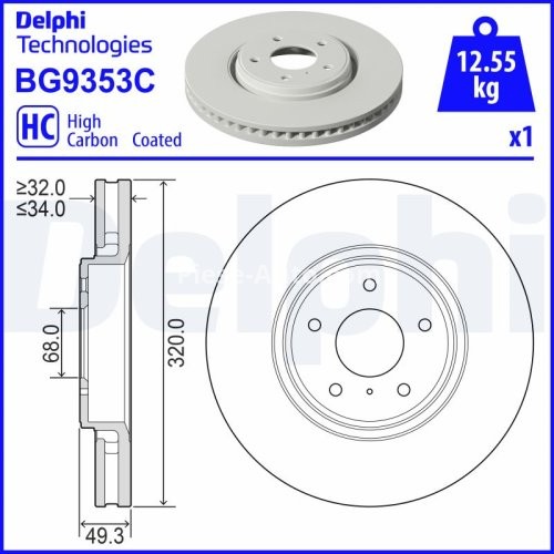 Disc frână DELPHI, față, pentru: INFINITI EX, FX, G, M, M37, Q60, Q70, QX50 I; NISSAN NP300 NAVARA 2.3D-5.6 01.03-