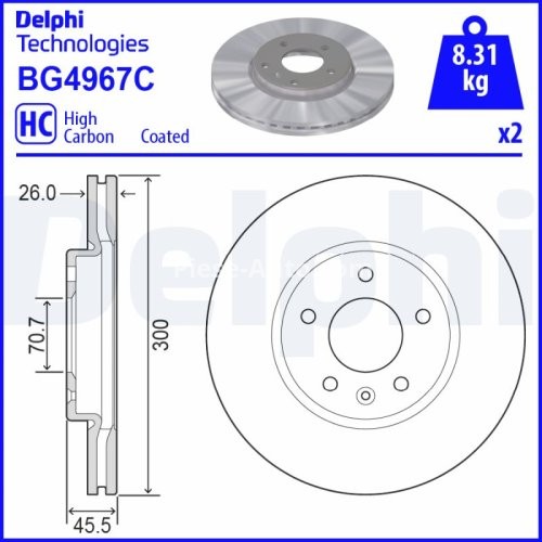 Set discuri frână DELPHI (2 buc.) ,față,  pentru: OPEL ASTRA J, INSIGNIA B, INSIGNIA B COUNTRY, INSIGNIA B GRAND SPORT 1.5-2.0D 06.12-