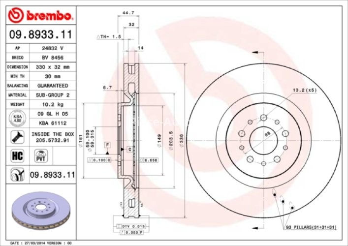 Disc frână BREMBO, față,  (puternic carbonatat; cu suruburi) pentru: ALFA ROMEO 147, 156, GT, GTV, SPIDER 1.9D/3.2 03.02-09.10
