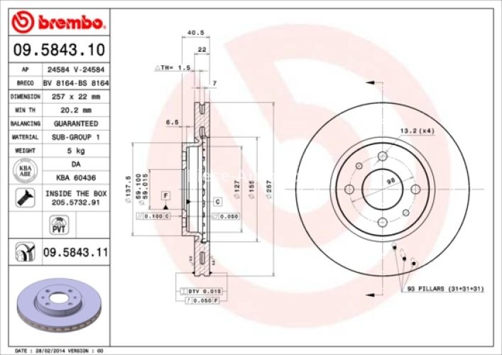 Disc frână BREMBO, față, pentru: ALFA ROMEO MITO; CITROEN NEMO, NEMO/MINIVAN; FIAT 500, 500 C, 500E, BRAVO II, DOBLO, DOBLO/MINIVAN, FIORINO, FIORINO/MINIVAN 0.9-Electric 01.88-