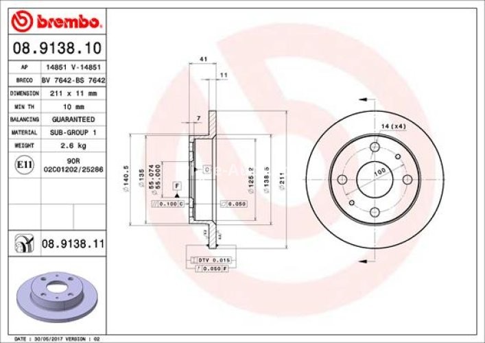 Disc frână BREMBO, față, pentru: DAIHATSU CUORE V, CUORE VI, CUORE VII, TREVIS 0.7/1.0 11.98-