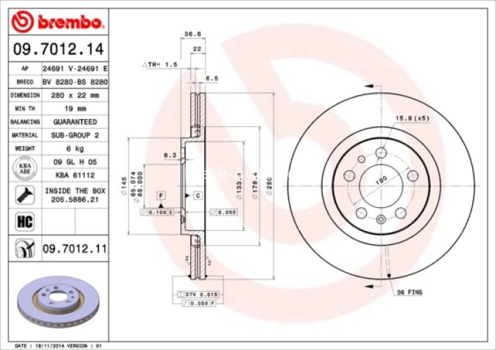 Disc frână BREMBO, față,  (puternic carbonatat; cu suruburi) pentru: AUDI A3; SEAT IBIZA IV, LEON, TOLEDO II; SKODA OCTAVIA I, OCTAVIA I/KOMBI; VW BORA, BORA I 1.4-2.8 09.96-05.15