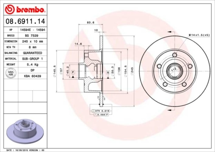 Disc frână BREMBO, spate,  (nici un inel al transmitatorului de impuls ABS) pentru: AUDI A4 B5 1.6-2.8 11.94-09.01