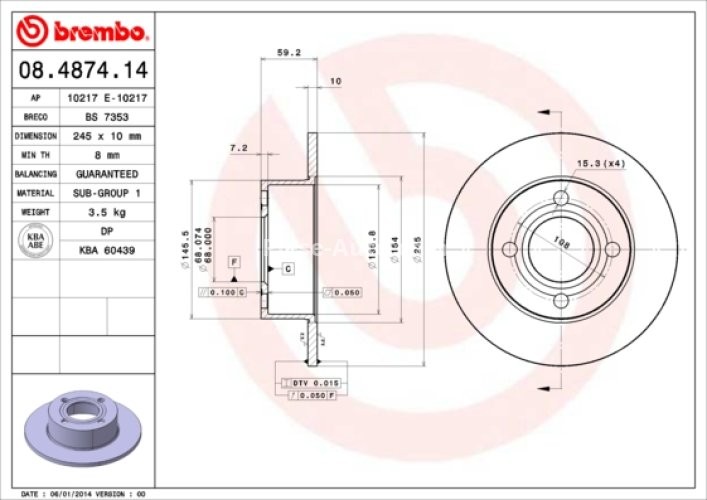 Disc frână BREMBO, spate,  pentru: AUDI 100 C3, 80 B3, 80 B4, 90 B2, 90 B3, CABRIOLET B3, COUPE B2, COUPE B3 1.6-2.8 08.82-
