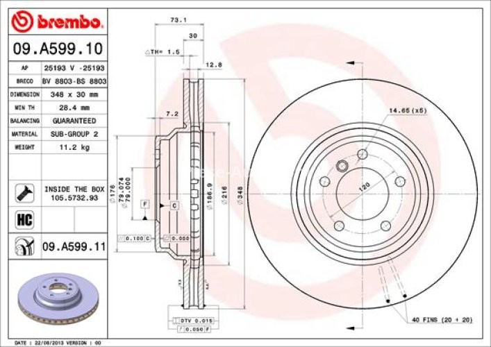 Disc frână BREMBO, față, pentru: BENTLEY ARNAGE; BMW 3 (E90), 3 (E91), 3 (E92), 3 (E93), X1 (E84) 3.0/3.0D/6.8 02.02-12.13