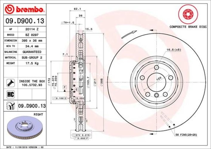 Disc frână BREMBO, față, dreapta, pentru: BMW X5 (E70), X5 (F15, F85), X6 (E71, E72), X6 (F16, F86) 2.0-4.4 07.09-07.19
