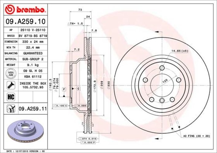 Disc frână BREMBO, față, pentru: BMW 1 (E81), 1 (E82), 1 (E87), 1 (E88), 3 (E90), 3 (E91), 3 (E92), 3 (E93), X1 (E84) 2.0-3.0D 12.04-06.15