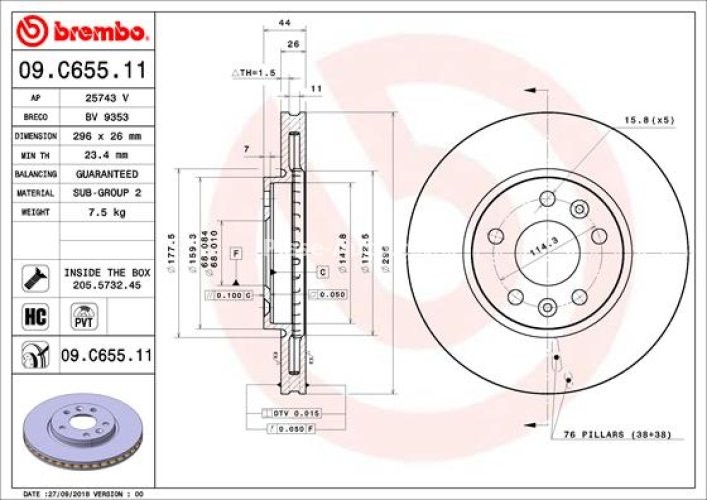 Disc frână BREMBO, față, pentru: MERCEDES CITAN TOURER (W420), CITAN/MINIVAN (W420), T (MPV); BMW 3 (E46); NISSAN QASHQAI III, TOWNSTAR, TOWNSTAR/MINIVAN 1.3-Electric 10.99-