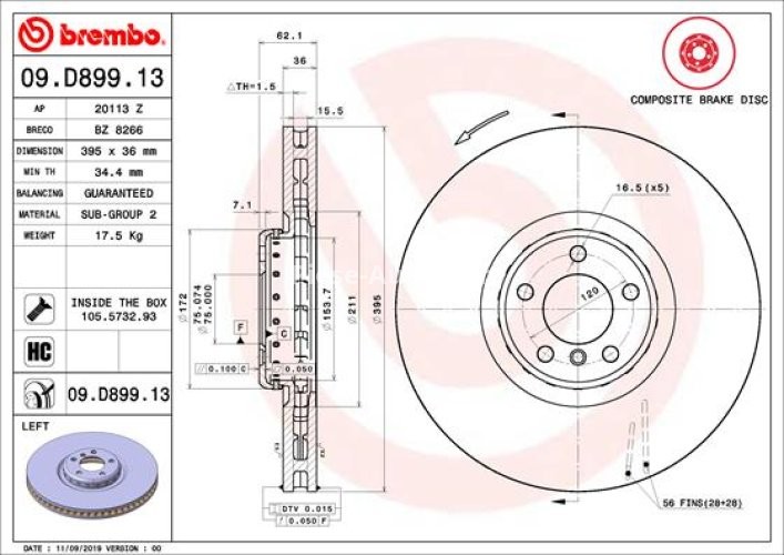 Disc frână BREMBO, față, stânga, pentru: BMW X5 (E70), X5 (F15, F85), X6 (E71, E72), X6 (F16, F86) 2.0-4.4 07.09-07.19