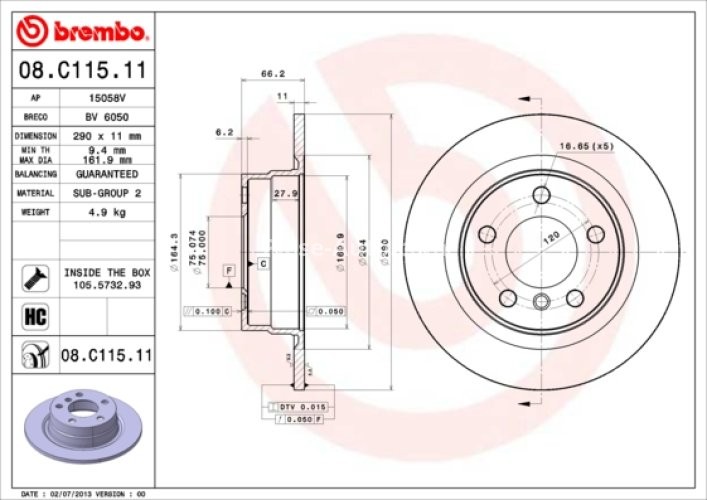 Disc frână BREMBO, spate,  pentru: BMW 1 (F20), 1 (F21), 2 (F22, F87), 2 (F23) 1.5-2.0D 07.11-