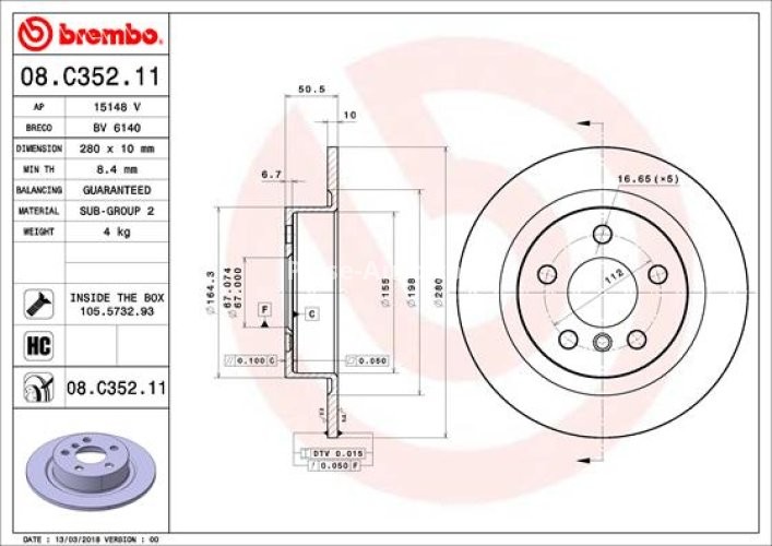Disc frână BREMBO, spate,  pentru: BMW 1 (F40), 2 (F45), 2 GRAN COUPE (F44), 2 GRAN TOURER (F46), 2 GRAN TOURER VAN (F46), 2 (U06), I3 (I01), X1 (F48), X1 (U11) 0.65H-Electric 08.13-