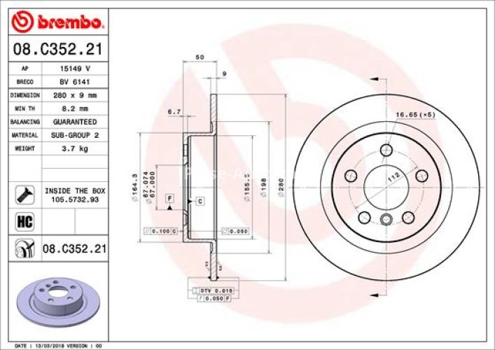 Disc frână BREMBO, spate,  pentru: BMW 1 (F40), 2 (F45), 2 GRAN COUPE (F44), 2 GRAN TOURER (F46), 2 GRAN TOURER VAN (F46), I3 (I01), X1 (F48), X2 (F39) 0.65H-Electric 08.13-