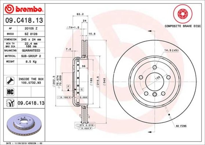 Disc frână BREMBO, spate,  pentru: BMW 5 (E60), 5 (E61), 6 (E63), 6 (E64) 3.0-4.8 09.02-12.10