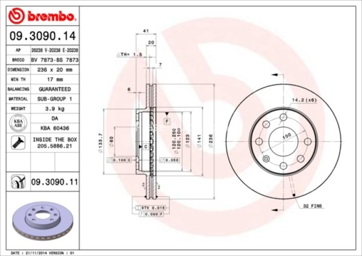 Disc frână BREMBO, față, pentru: CHEVROLET AVEO / KALOS, CORSA, LANOS; DAEWOO LANOS, NEXIA; OPEL ASCONA C, ASTRA F, ASTRA F CLASSIC, ASTRA F/KOMBI, COMBO/MINIVAN 1.2-2.0 09.82-