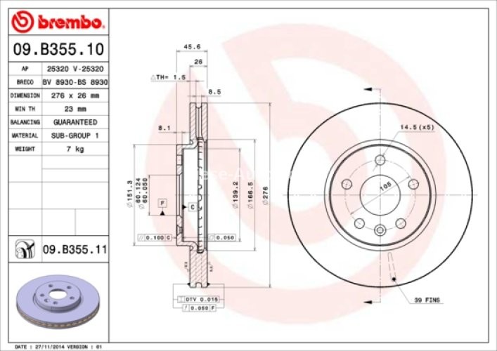 Disc frână BREMBO, față, pentru: CHEVROLET AVEO, BOLT, CRUZE, VOLT; OPEL ASTRA H, ASTRA J, ASTRA J GTC 1.2-Electric 08.05-