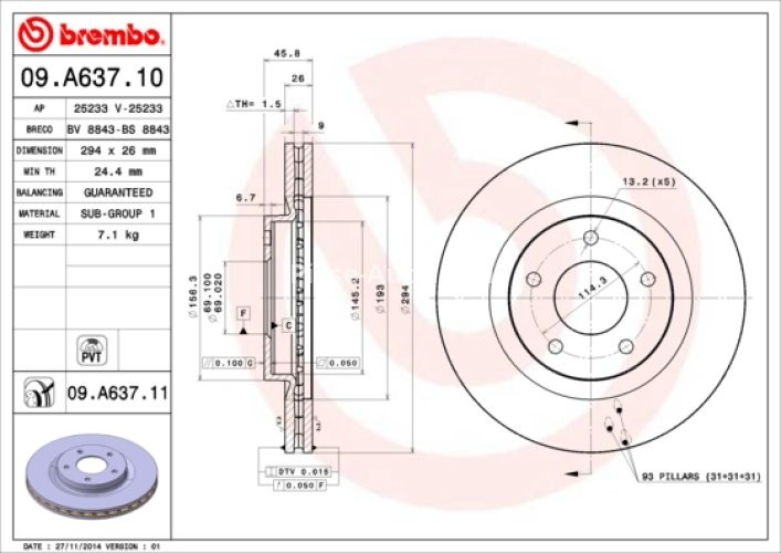 Disc frână BREMBO, față, pentru: CHRYSLER 200, SEBRING; DODGE AVENGER, CALIBER, JOURNEY; JEEP COMPASS, PATRIOT; LANCIA FLAVIA; MITSUBISHI ASX, ECLIPSE CROSS 1.5-3.6ALK 06.06-