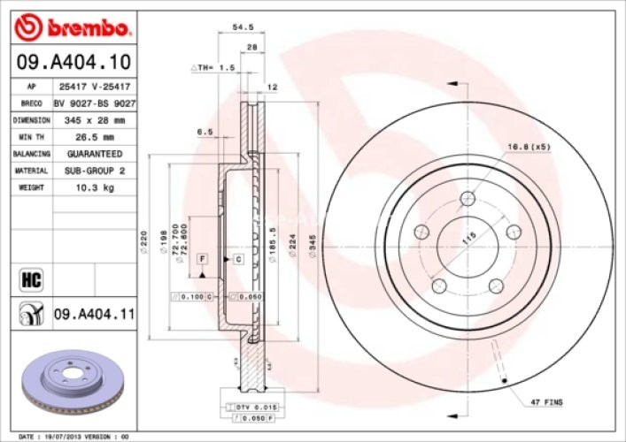 Disc frână BREMBO, față, pentru: CHRYSLER 300C; DODGE CHALLENGER, CHALLENGER SE, CHARGER, MAGNUM, MAGNUM II; LANCIA THEMA 2.7-6.4 09.04-