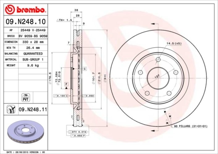 Disc frână BREMBO, față, pentru: CHRYSLER GRAND VOYAGER V, PACIFICA, VOYAGER V; DODGE JOURNEY; FIAT FREEMONT; LANCIA VOYAGER; VW ROUTAN 2.0D-4.0 01.08-