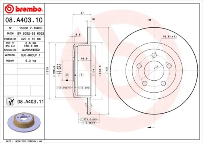Disc frână BREMBO, spate,  pentru: CHRYSLER 300C; DODGE CHALLENGER, CHARGER 2.7-6.4 09.04-