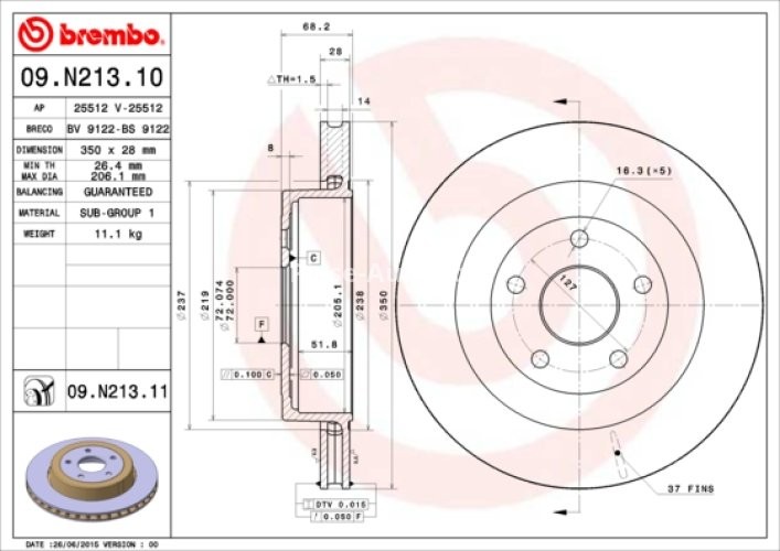 Disc frână BREMBO, spate,  pentru: CHRYSLER VOYAGER V; DODGE JOURNEY; JEEP GRAND CHEROKEE III 2.0D-6.1 03.06-