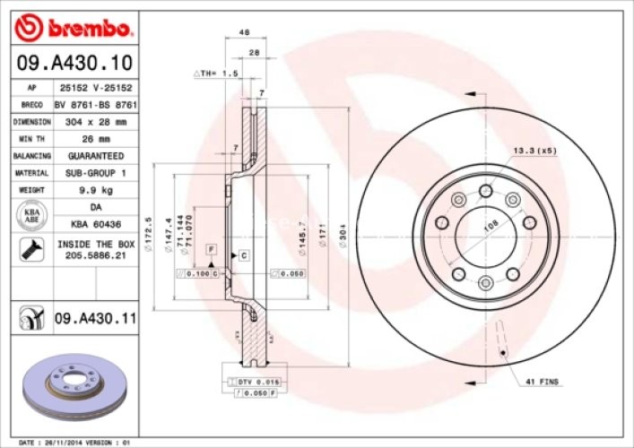Disc frână BREMBO, față, pentru: CITROEN C5 II, C5 III, JUMPY II; FIAT SCUDO; PEUGEOT 407, 407/KOMBI, EXPERT, EXPERT TEPEE; TOYOTA PROACE 1.6-2.2D 05.04-