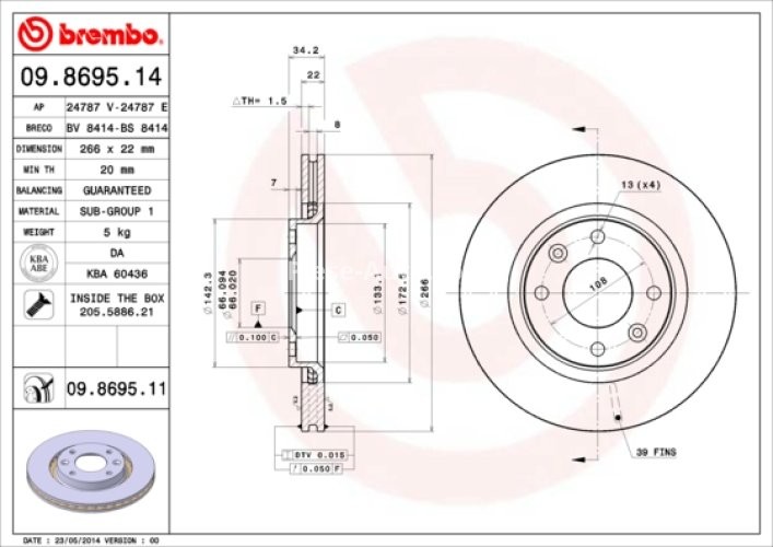 Disc frână BREMBO, față, pentru: DS DS 3; CITROEN BERLINGO, BERLINGO/MINIVAN, C2, C2 ENTERPRISE, C3 AIRCROSS II, C3 I, C3 II, C3 III, C3 PICASSO, C3 PLURIEL, C4 1.0-Electric 06.96-