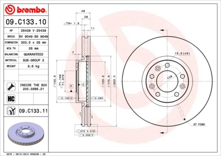 Disc frână BREMBO, față, pentru: DS DS 4 II, DS 7; CITROEN BERLINGO, BERLINGO MULTISPACE, BERLINGO/MINIVAN, C4 GRAND PICASSO II, C4 PICASSO I, C4 PICASSO II 1.2-Electric 07.08-
