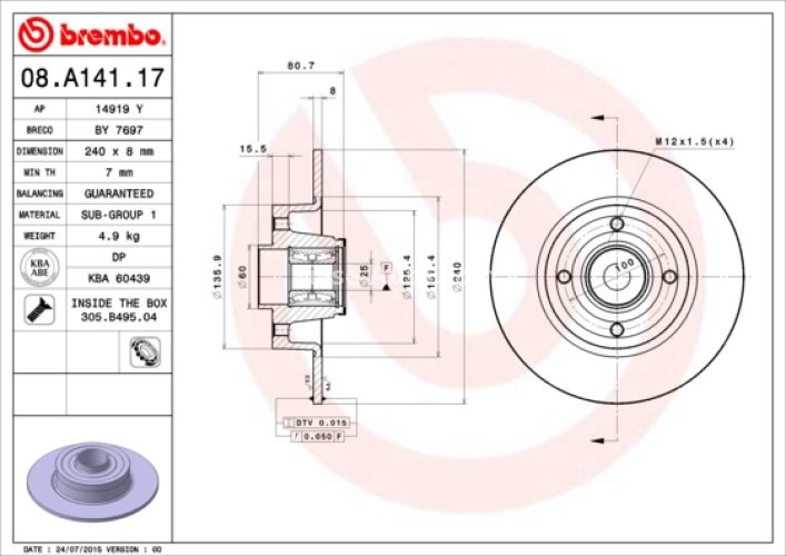 Disc frână BREMBO, cu rulment, spate,  (cu inel ABS) pentru: DACIA SANDERO II; NISSAN NOTE; RENAULT CLIO III, CLIO III/HATCHBACK, MEGANE II, MEGANE II/KOMBI, MODUS 0.9-2.0 09.02-