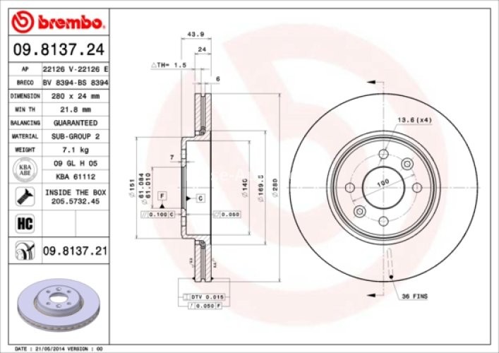 Disc frână BREMBO, față,  (puternic carbonatat; cu suruburi) pentru: DACIA DOKKER, DOKKER EXPRESS/MINIVAN, LODGY; RENAULT CAPTUR I, CLIO II, CLIO III, GRAND SCENIC II 1.2-2.2D 06.95-